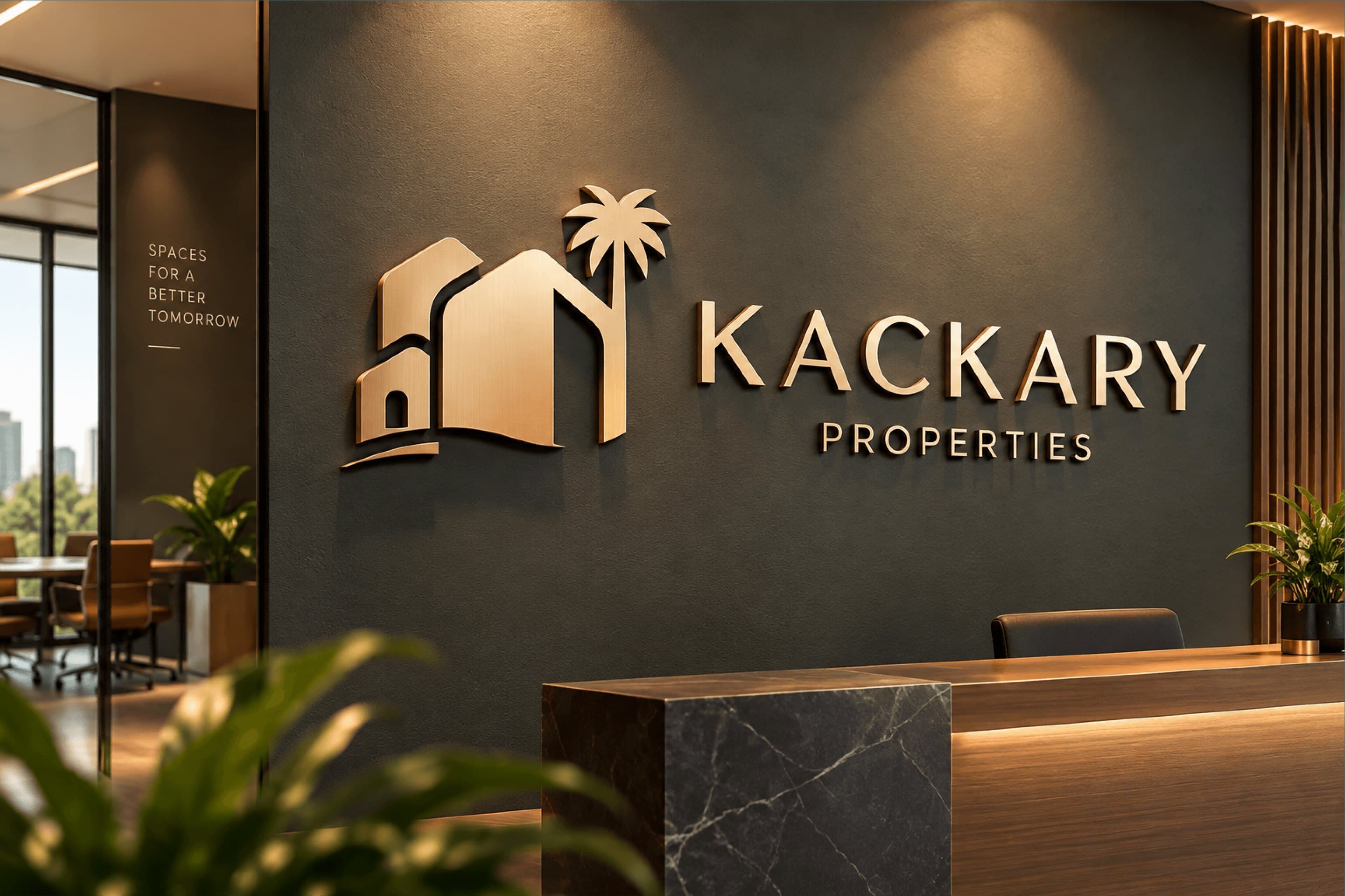 The Kackary Properties logo in brushed copper on the charcoal office wall